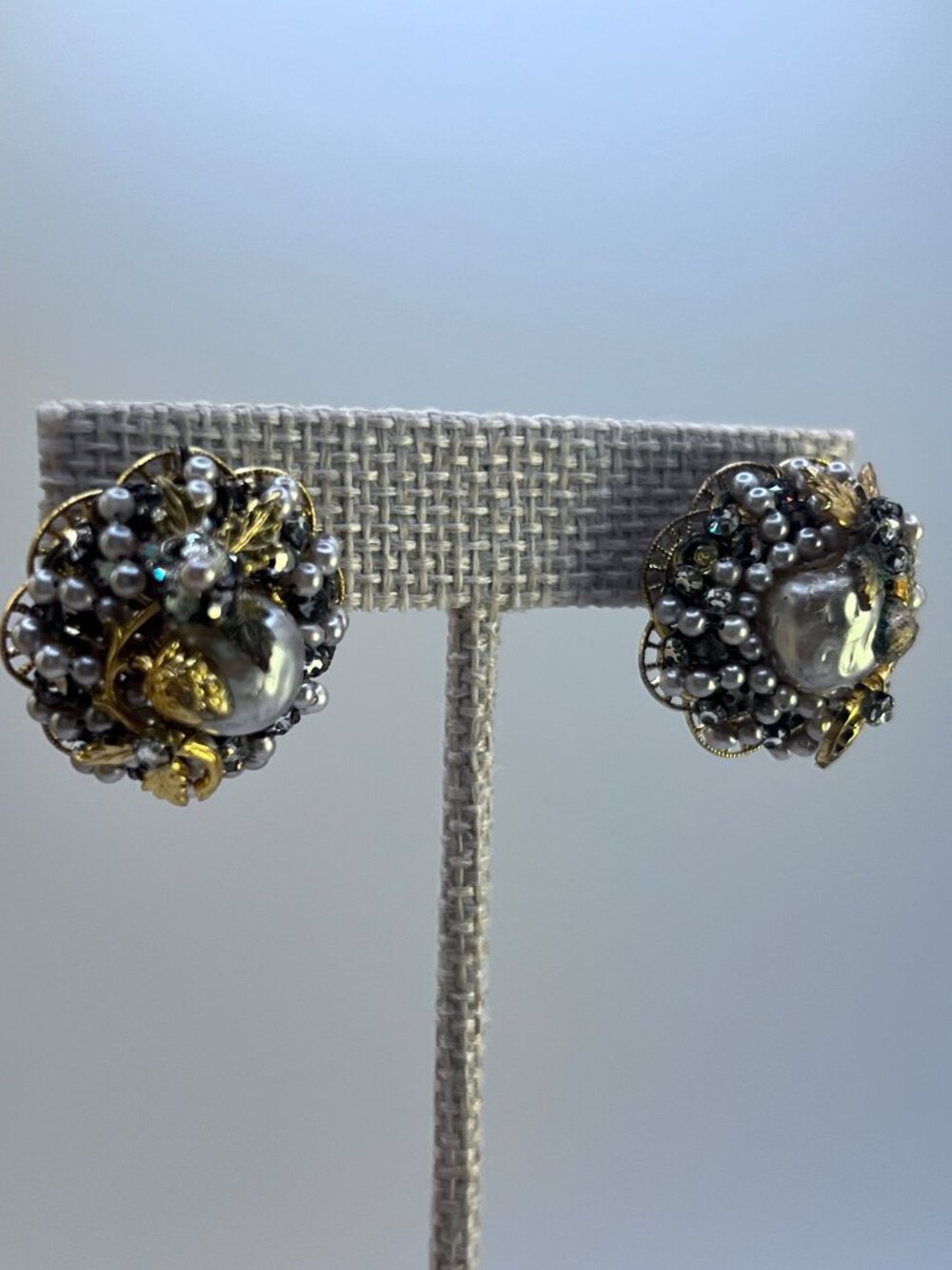 Authentic Vintage Miriam Haskell Baroque Pearl Rhinestone Filigree Earrings